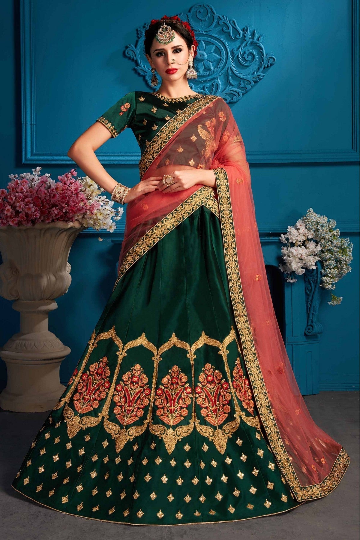 Green Colour Satin Embroidery Lehenga Choli VSLC1080458