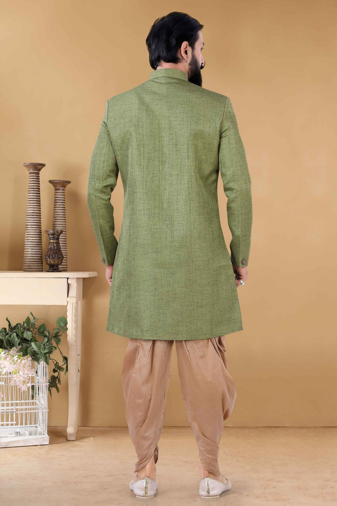 Green Colour Silk Indo Western Sherwani VSSH1130011