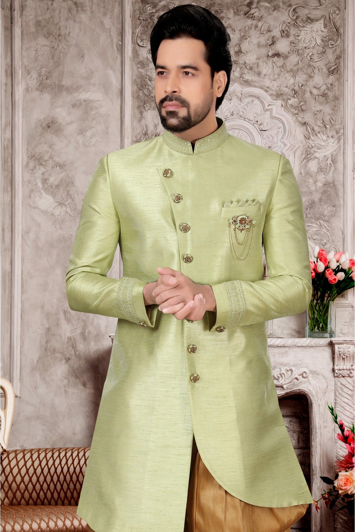 Green Colour Slub Silk Dhoti Sherwani VSSH1040286