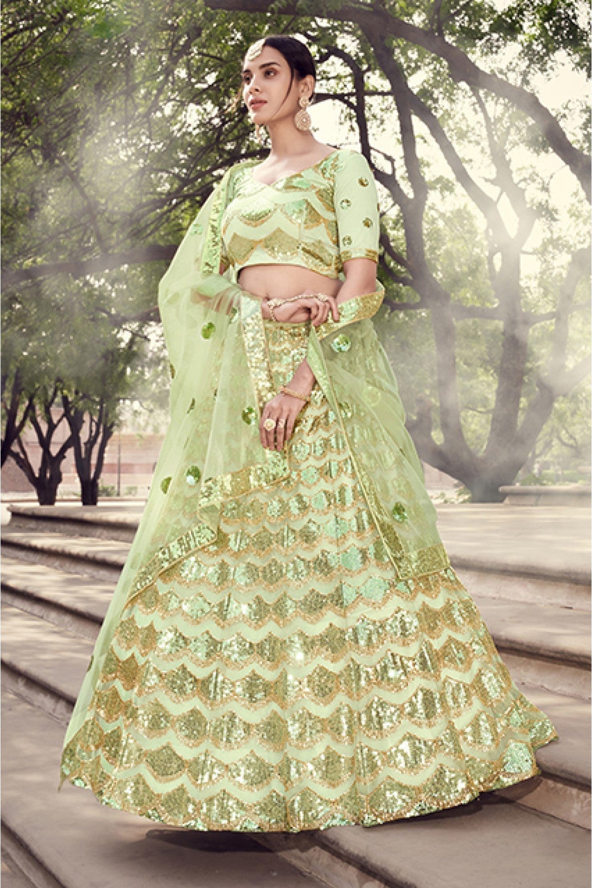 Green Colour Soft Net Sequins Work Lehenga Choli VSLC1080520