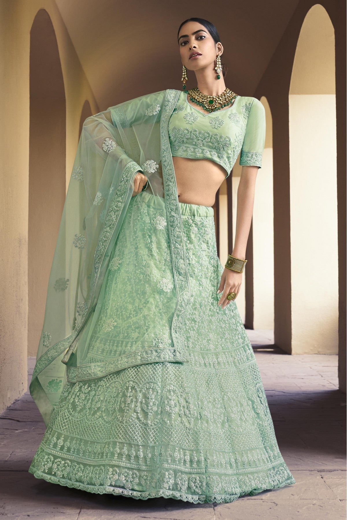 Green Colour Soft Net Sequins Work Lehenga Choli VSLC1080537