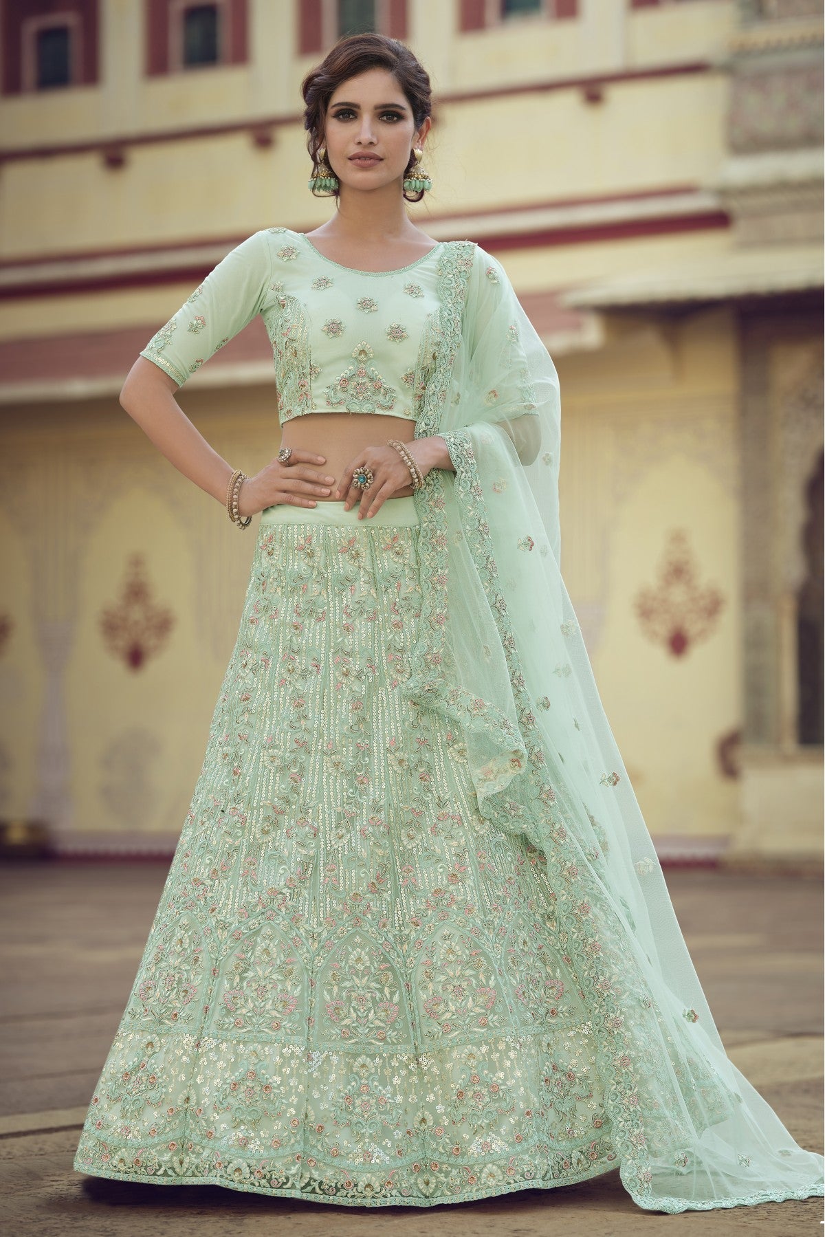 Green Colour Soft Net Sequins Work Lehenga Choli VSLC1080578