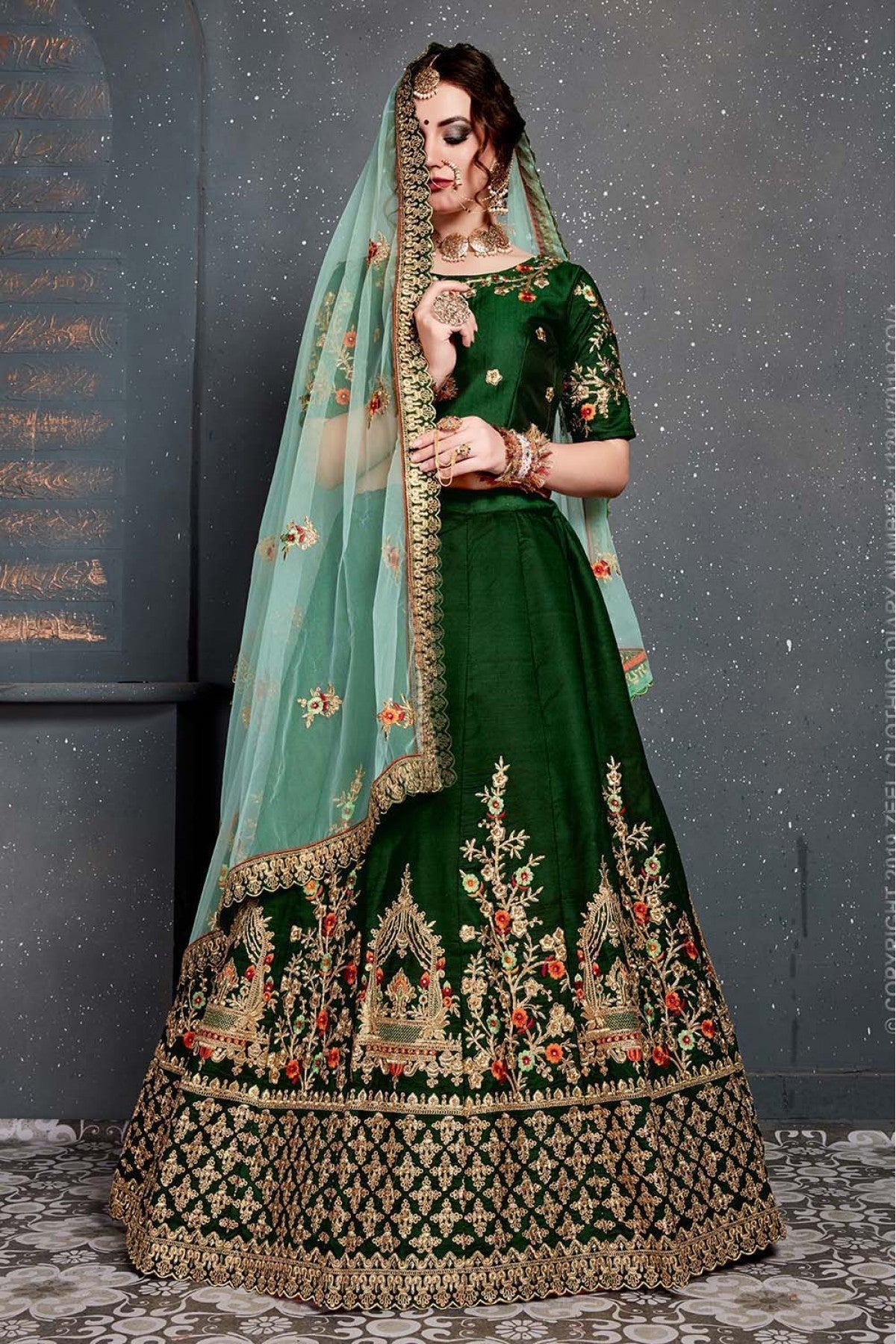Green Colour Taffeta and Satin Silk Lehenga Choli VSLC1010038