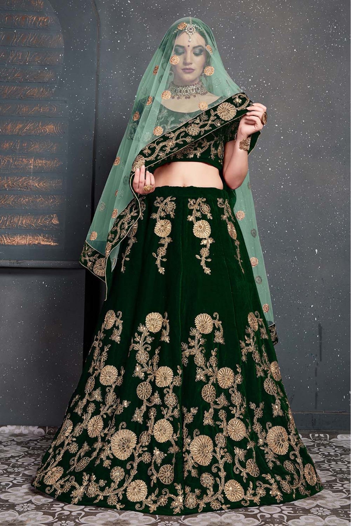 Green Colour Velvet Lehenga Choli VSLC1010031