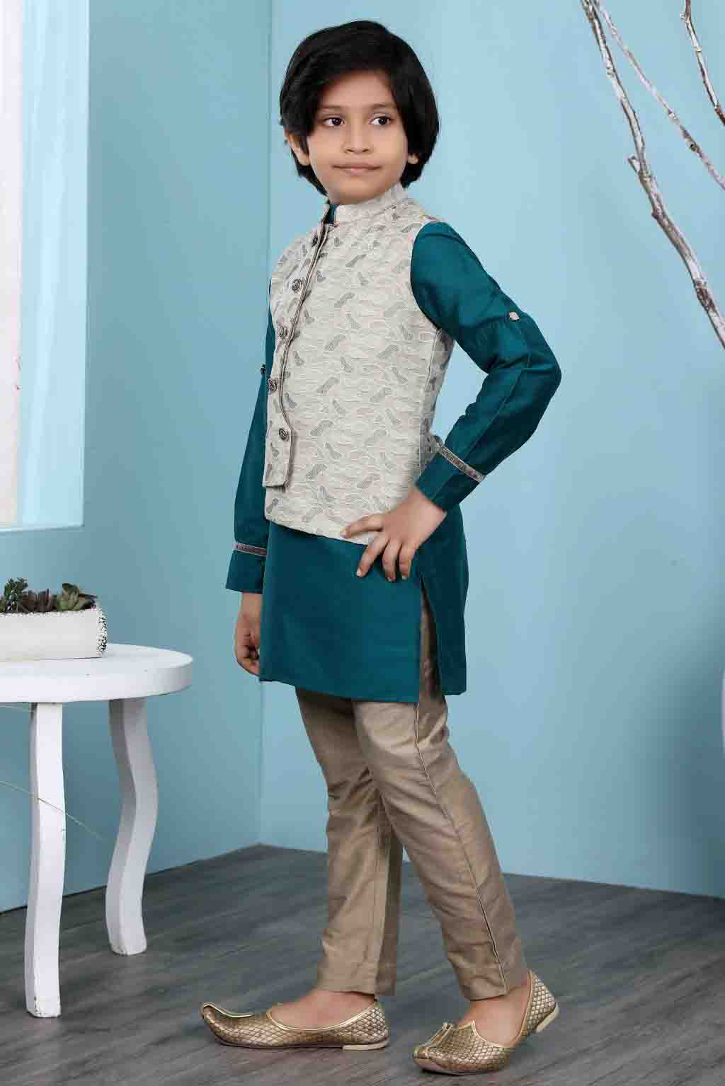 Green and Beige Colour Cotton Silk Kurta Pajama With Jacket VSBW1070116