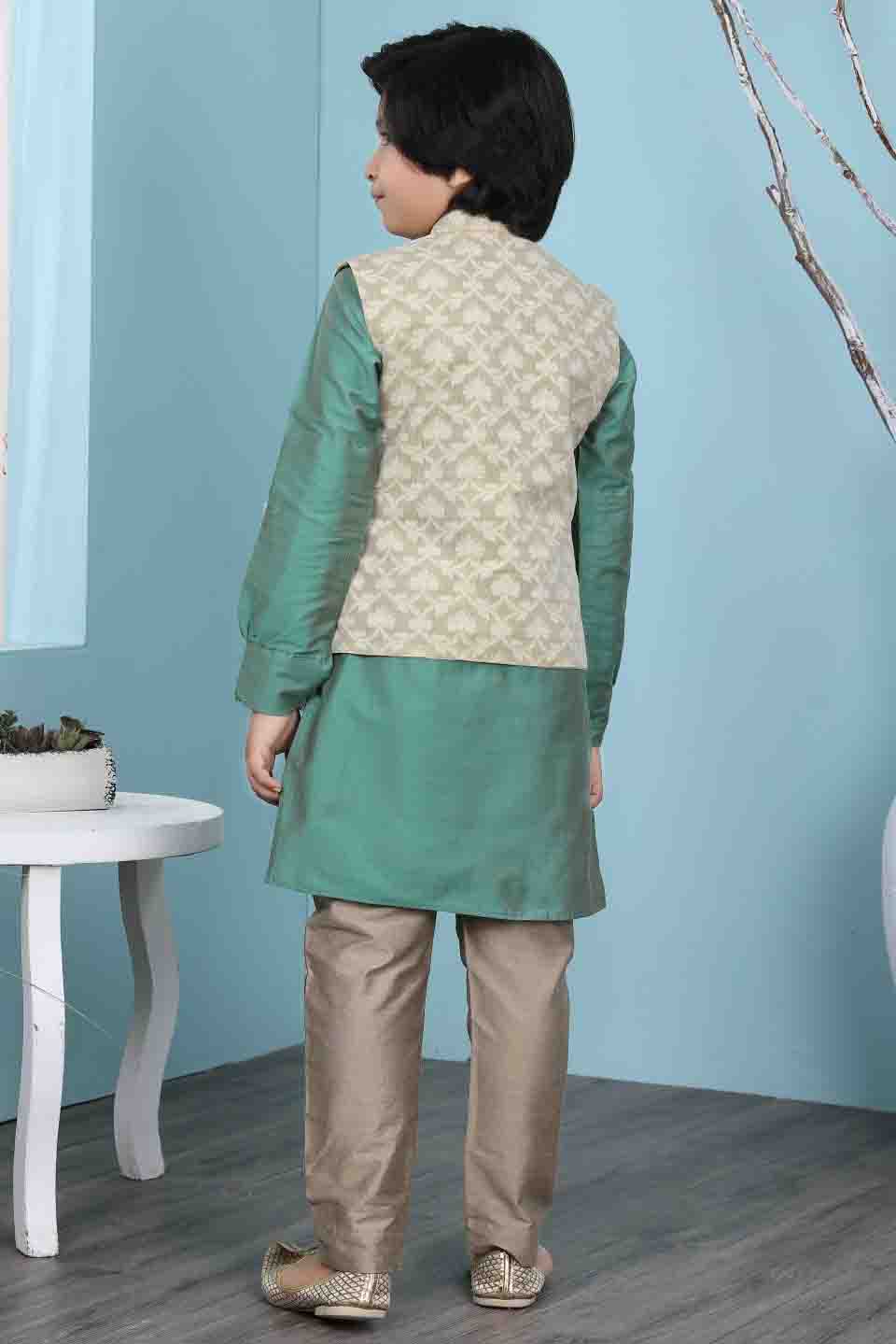 Green and Beige Colour Cotton Silk Kurta Pajama With Jacket VSBW1070118