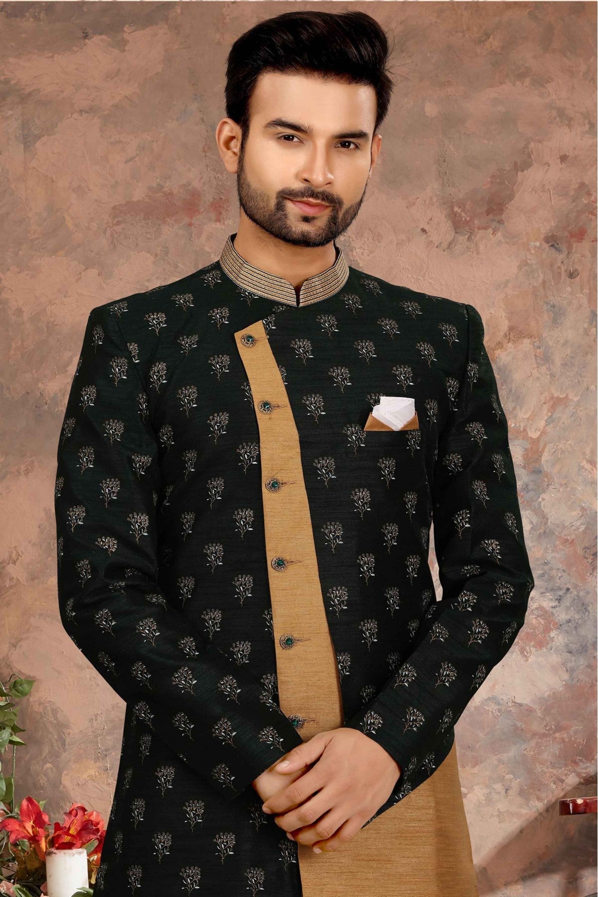 Green and Beige Colour Jacquard Thread Work Sherwani VSSH1040354