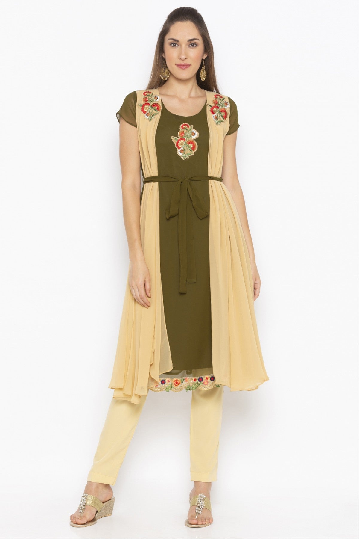 Green and Beige Colour Plus Size Georgette Embroidery Kurta Set VSKR1070679