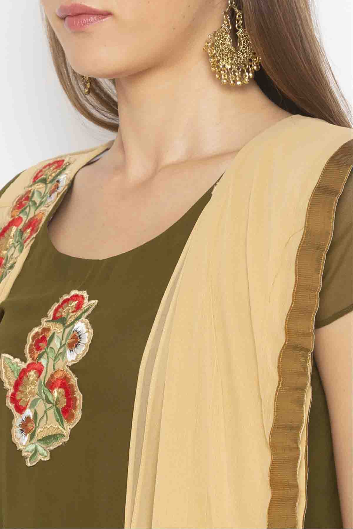 Green and Beige Colour Plus Size Georgette Embroidery Pant Style Suit VSSS1070322