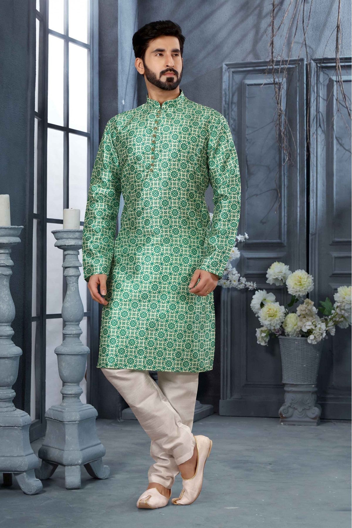 Green and Cream Colour Kurta Pajama In Silk Fabric VSKP1040154