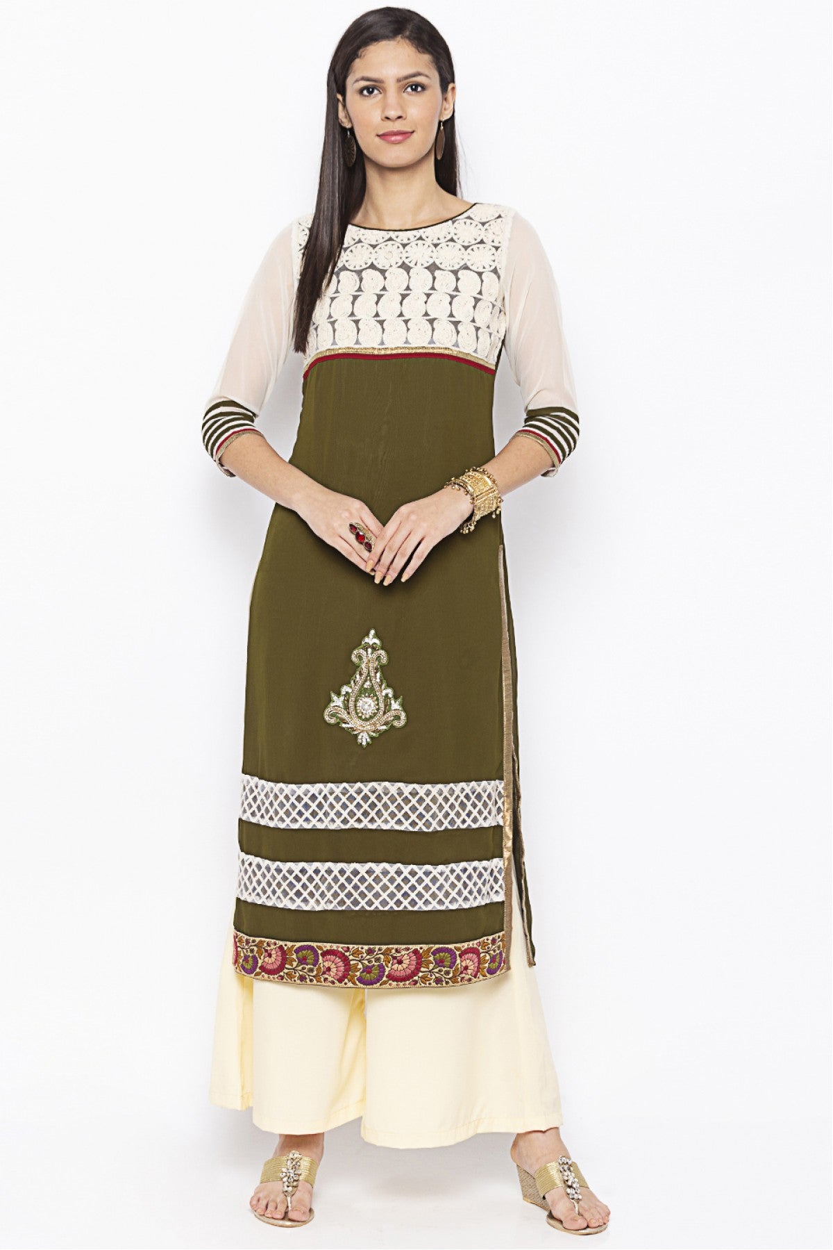 Green and White Colour Plus Size Georgette Embroidery Kurti VSKR1070630