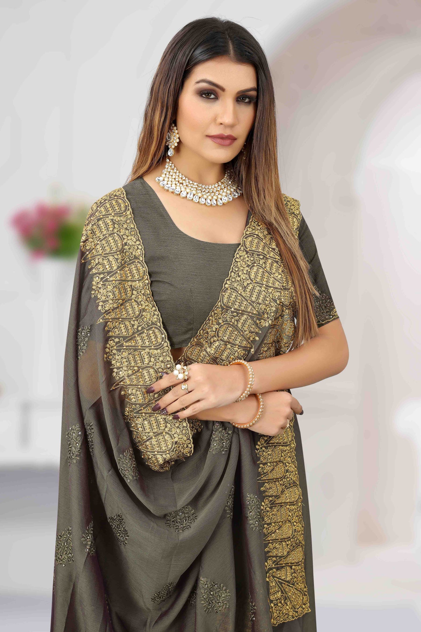 Grey Colour Chiffon Designer Saree VSSD1121204