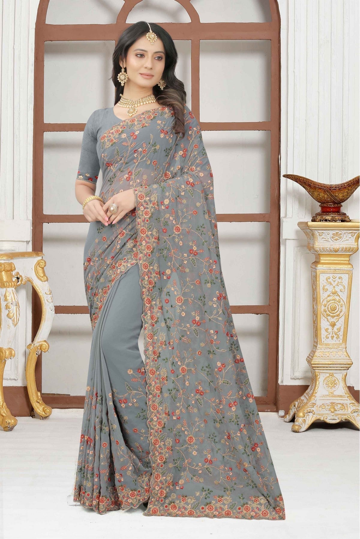 Grey Colour Georgette Embroidery Saree VSSD1090323