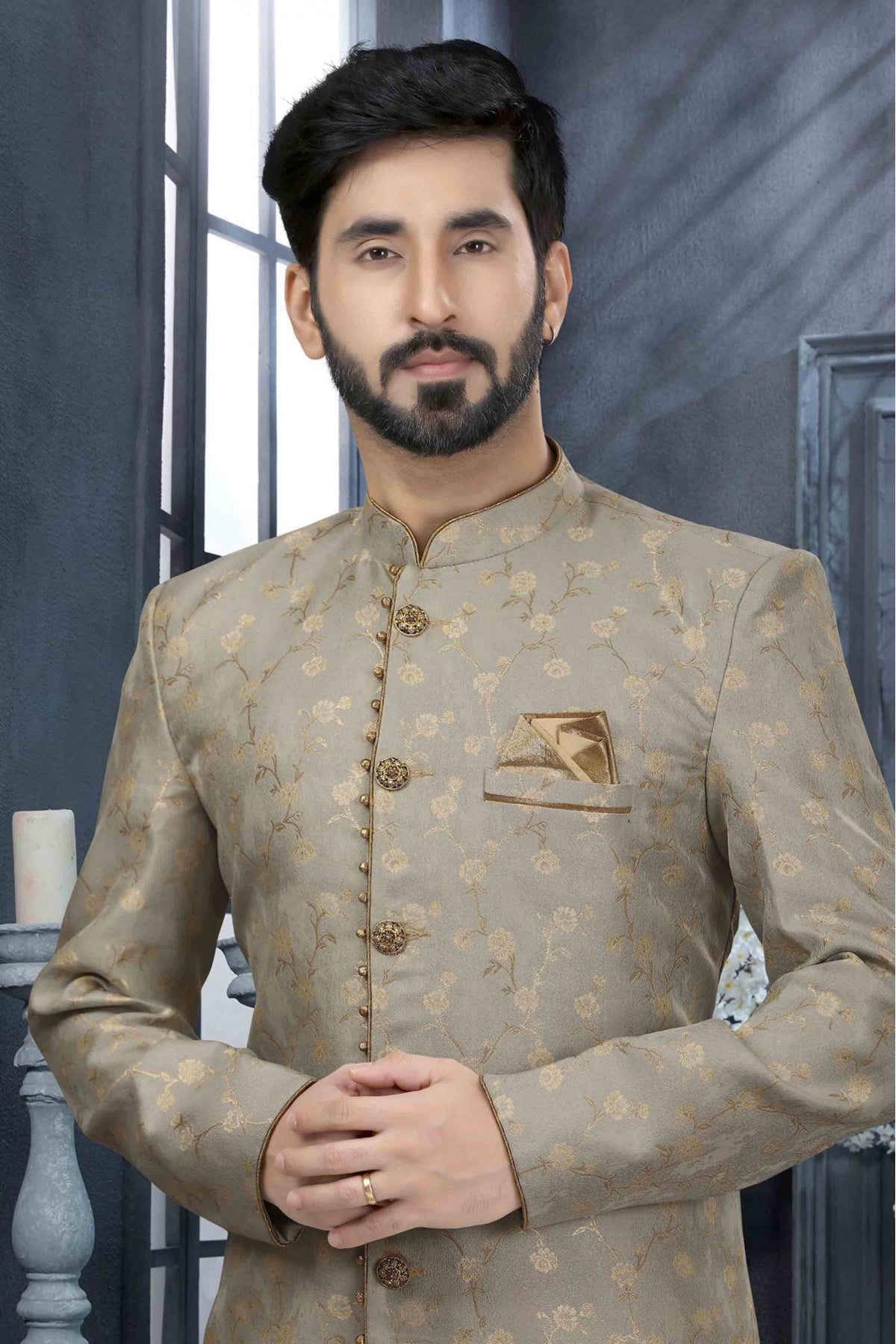 Grey Colour Jacquard Woven Sherwani VSSH1040315