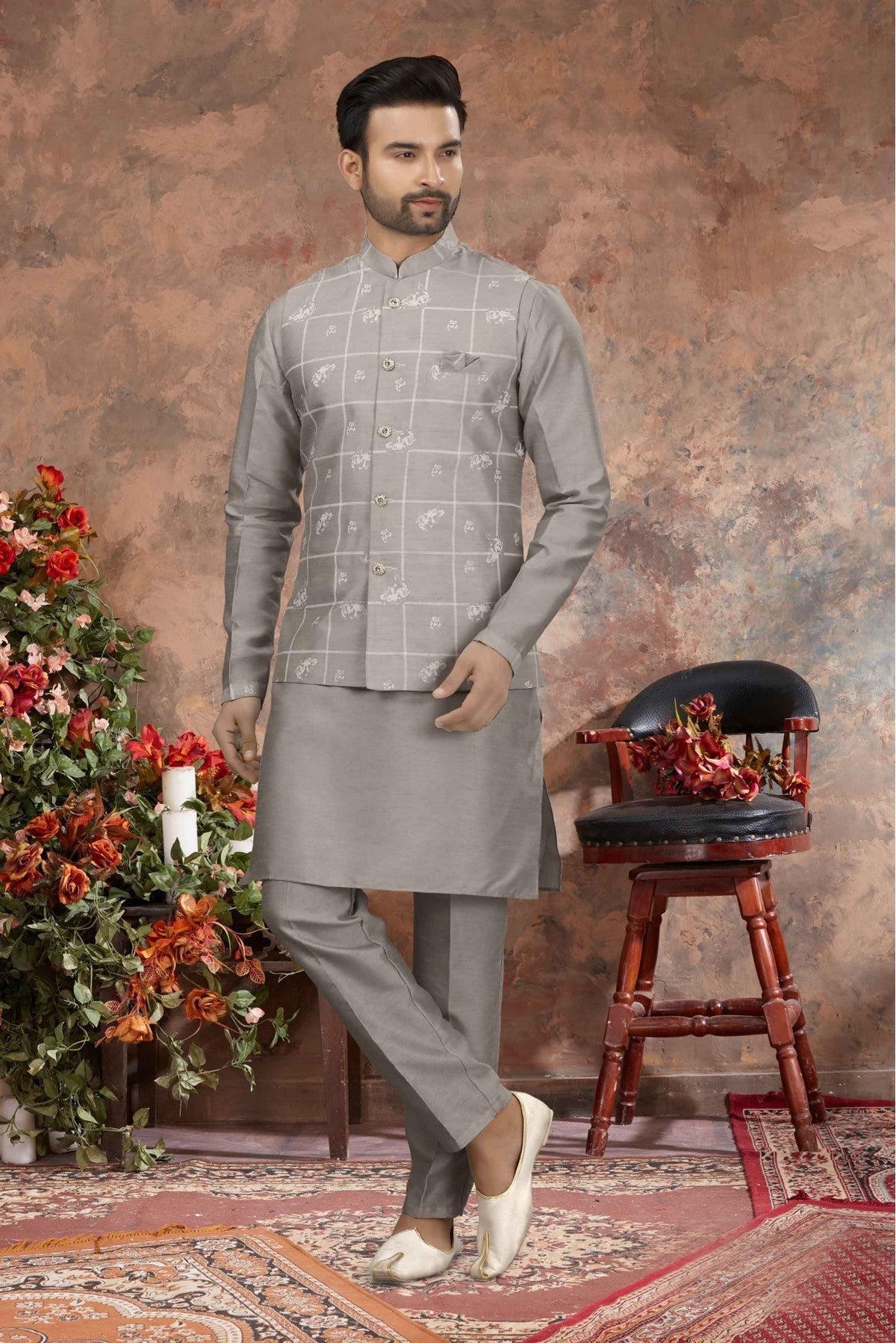 Grey Colour Kurta Pajama With Jacket In Silk Dupion Fabric VSKP1040190