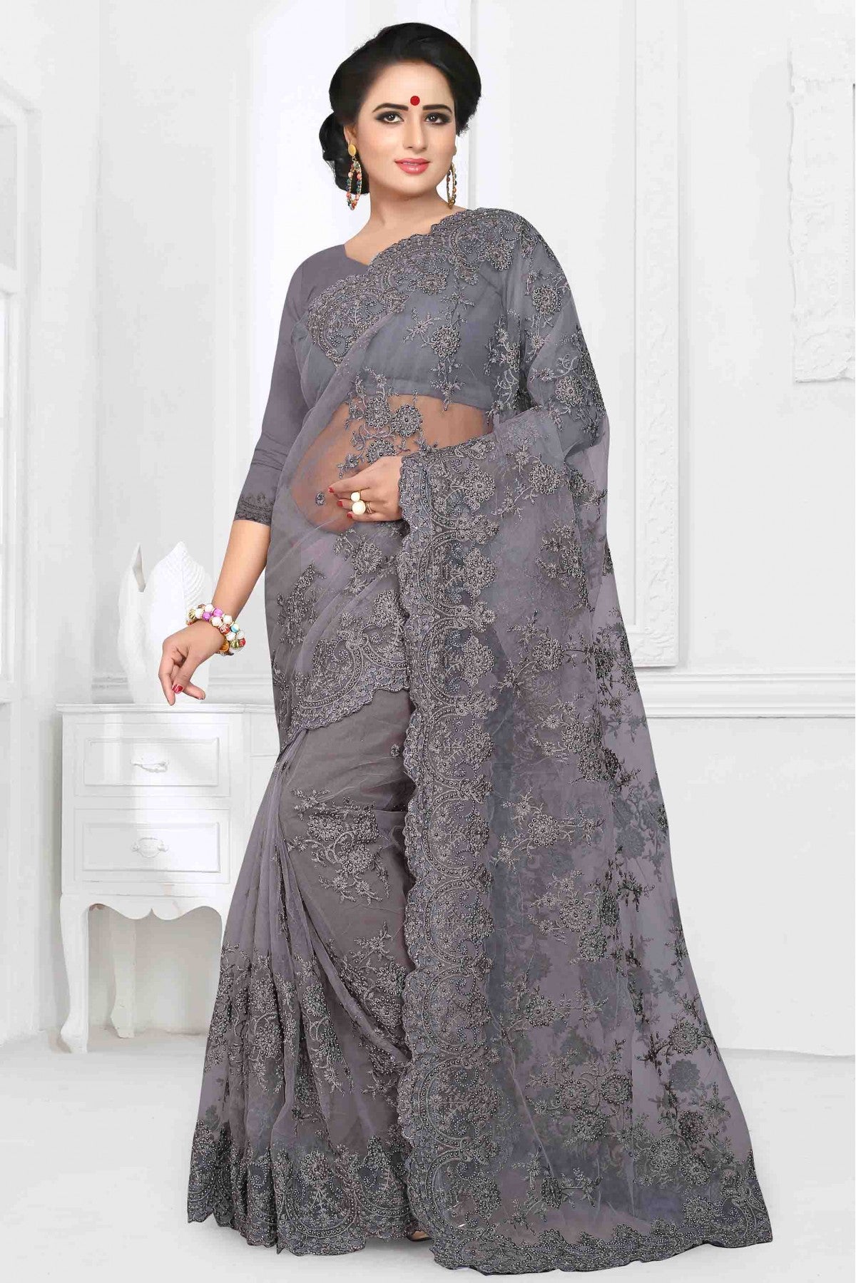 Grey Colour Net Designer Saree VSSD1090023