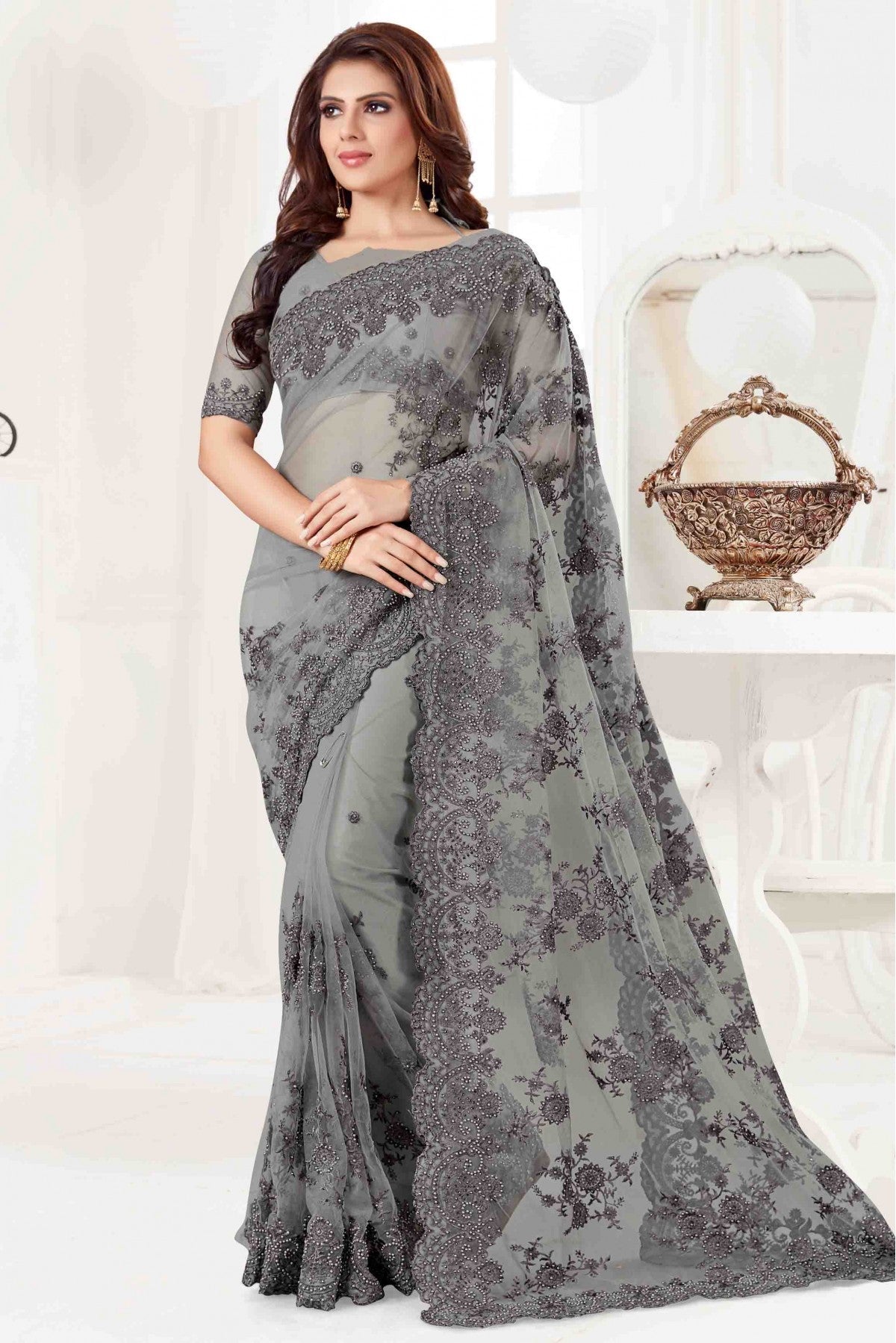 Grey Colour Net Designer Saree VSSD1090052