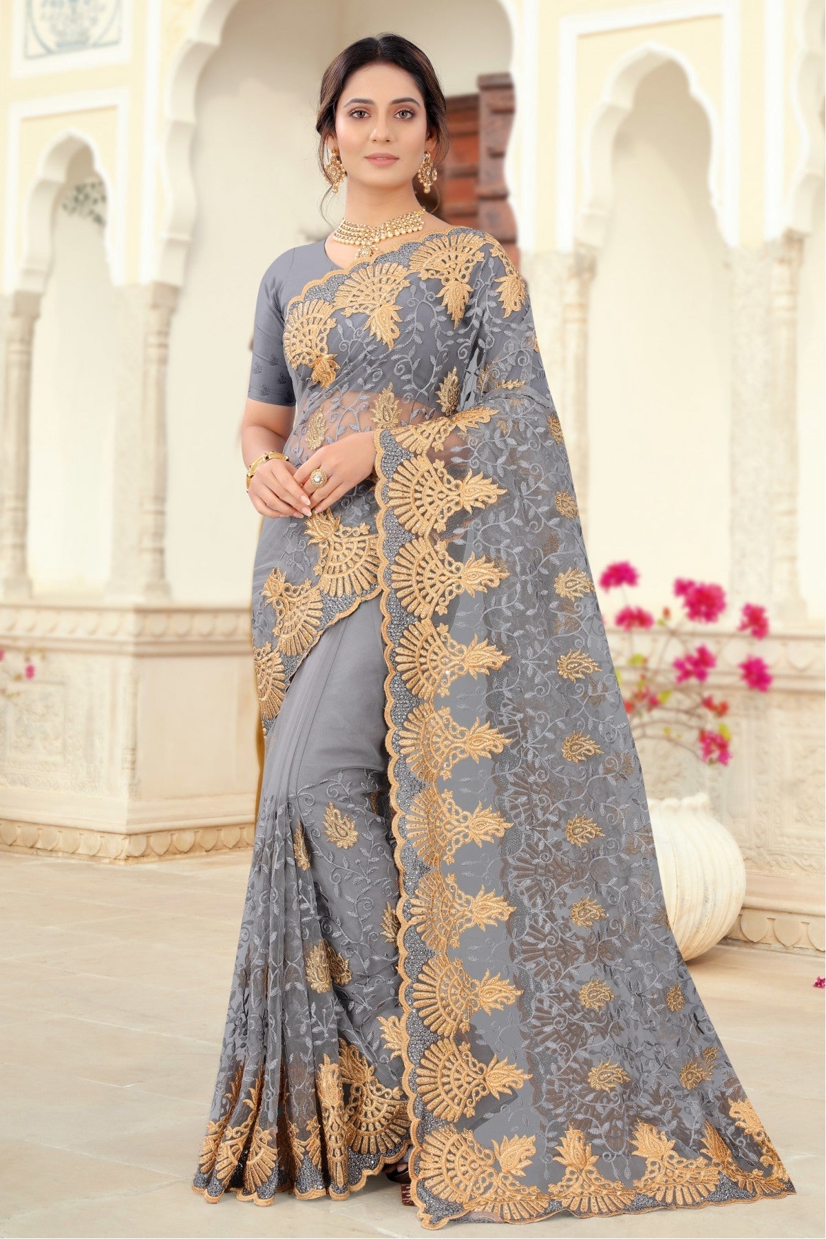 Grey Colour Net Embroidery Saree VSSD1090441
