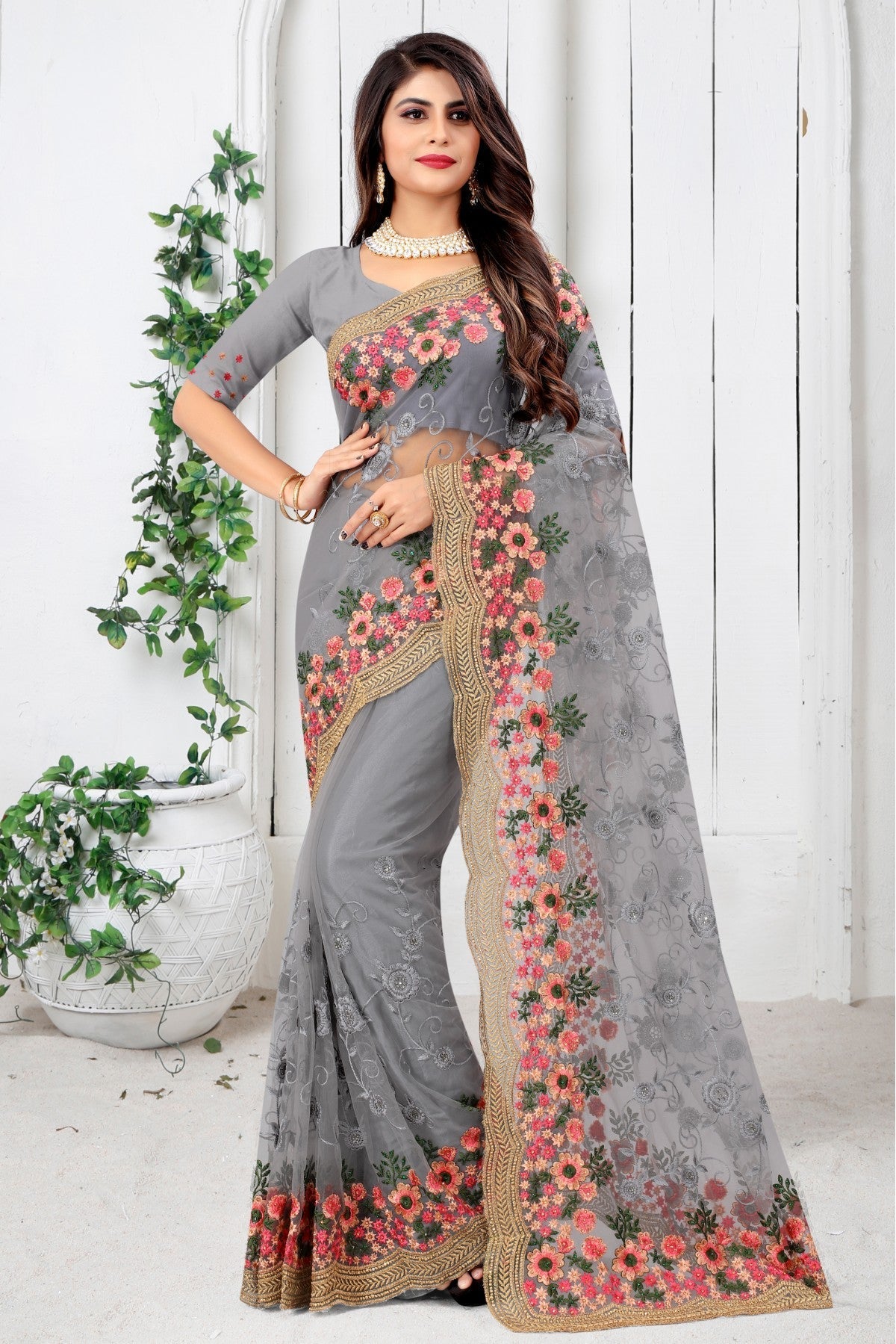 Grey Colour Net Embroidery Saree VSSD1090449