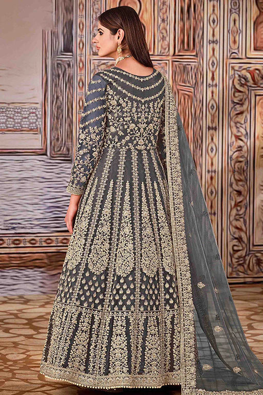 Grey Colour Net Semi Stitched Anarkali Suit VSSM1050279