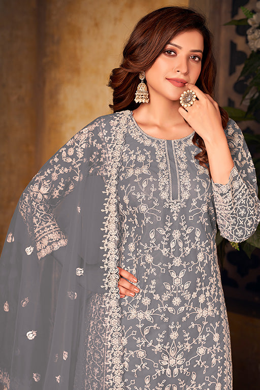 Grey Colour Net Semi Stitched Palazzo Pant Suit VSSM1050327