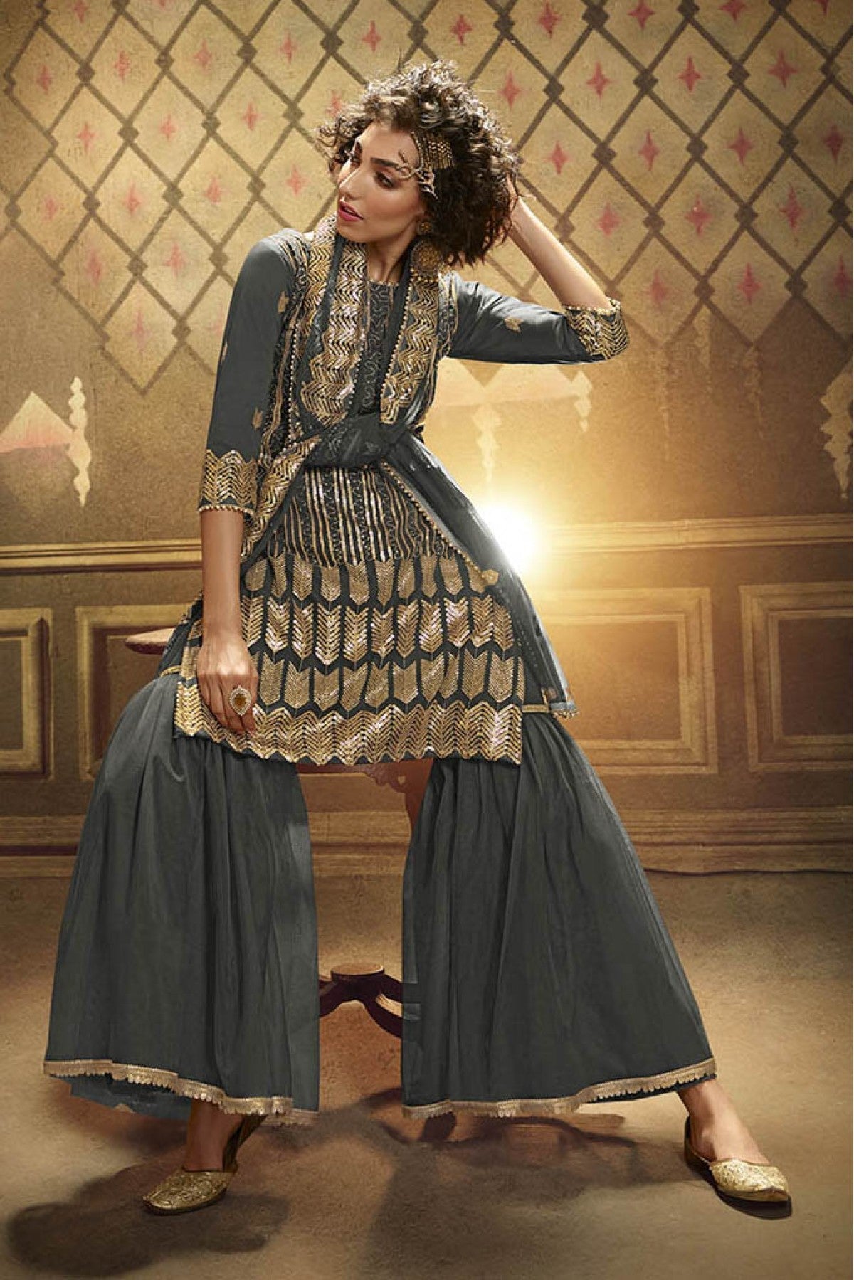 Grey Colour Net Sequins Work Sharara Suit VSSM1080646