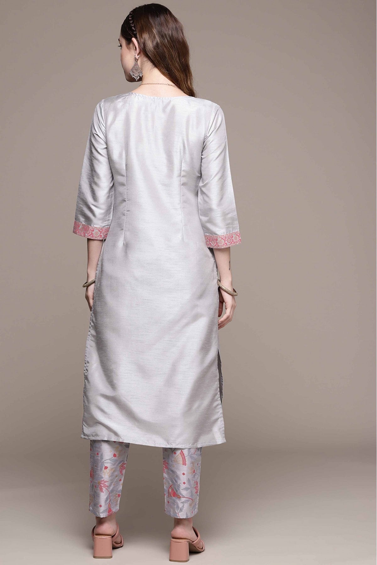 Grey Colour Poly Silk Foil Print Kurta With Pant VSKR1060155