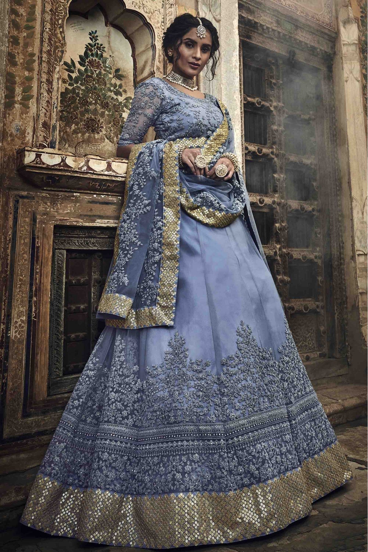 Grey Colour Soft Net Embroidery Lehenga Choli VSLC1080475