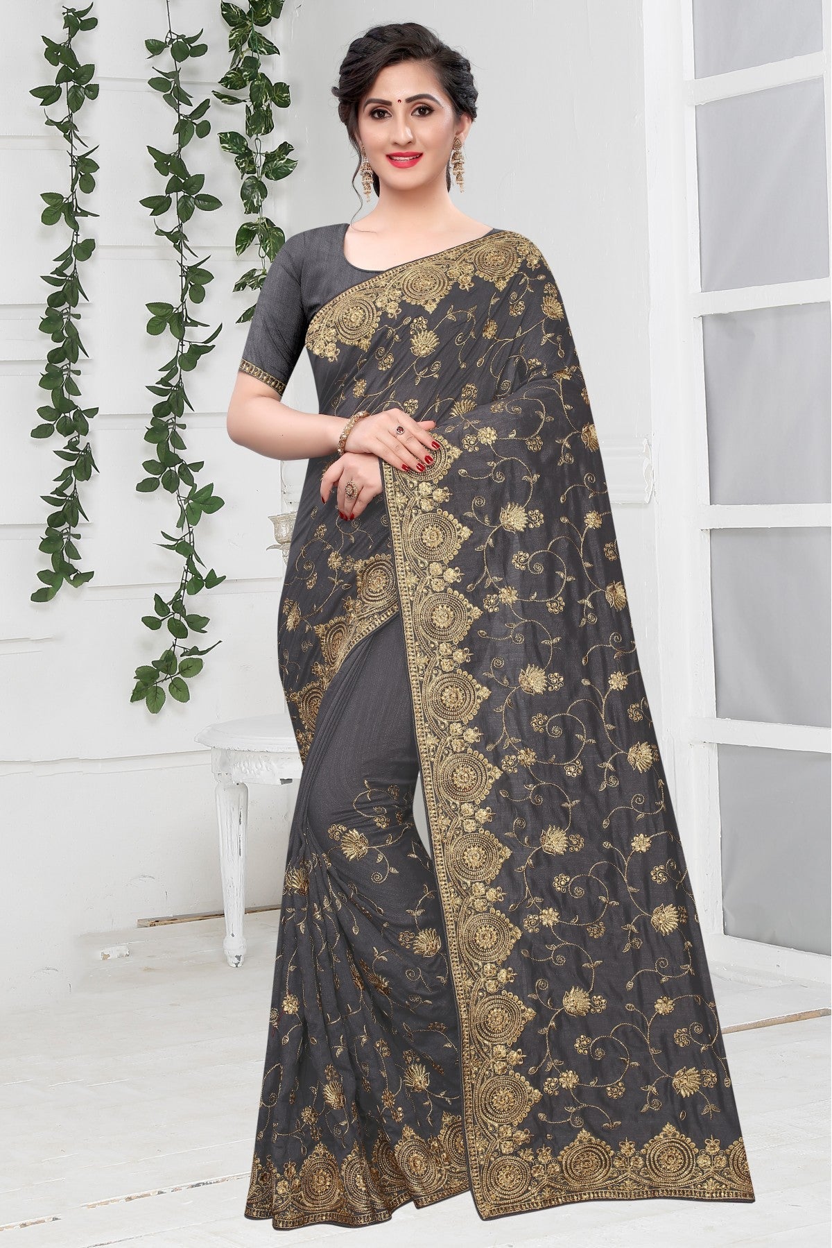 Grey and Blue Colour Vichitra Silk Designer Saree VSSD1090125