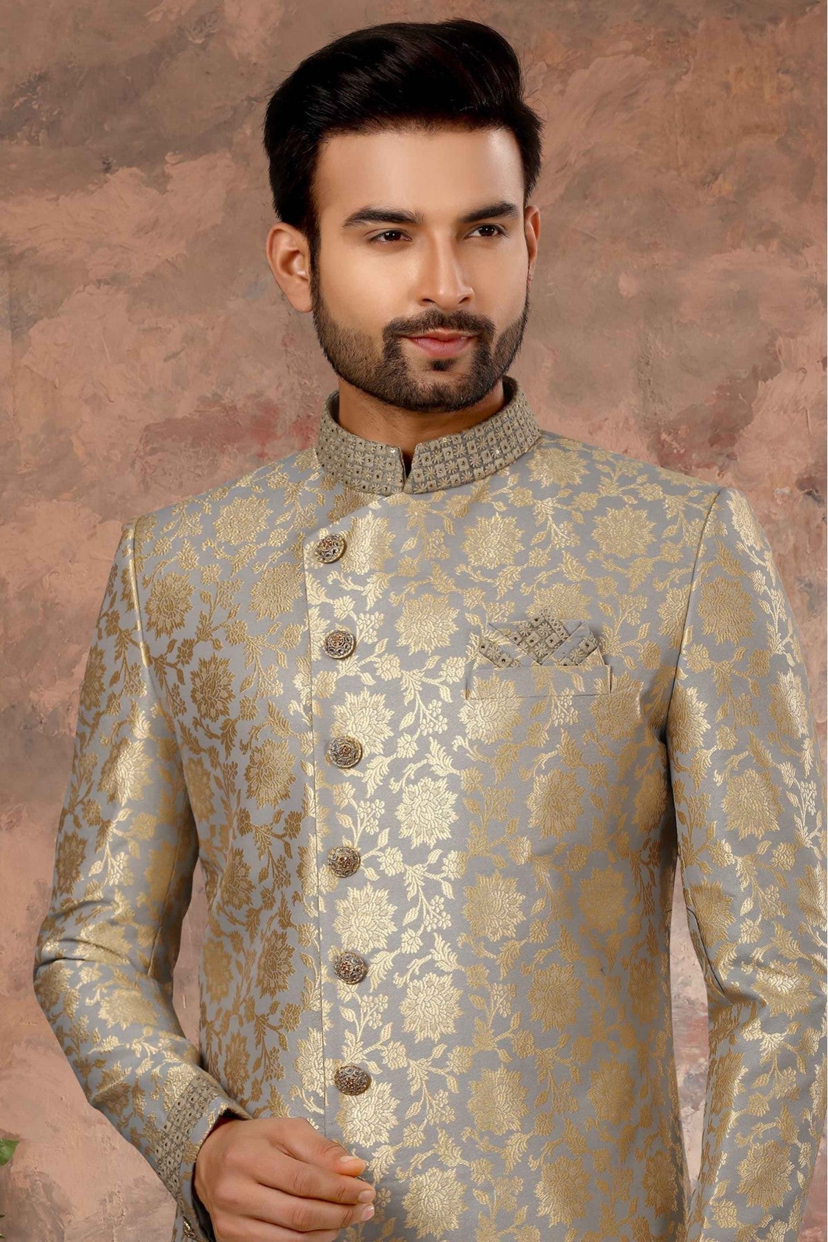 Grey and Gold Colour Jacquard Woven Sherwani VSSH1040318