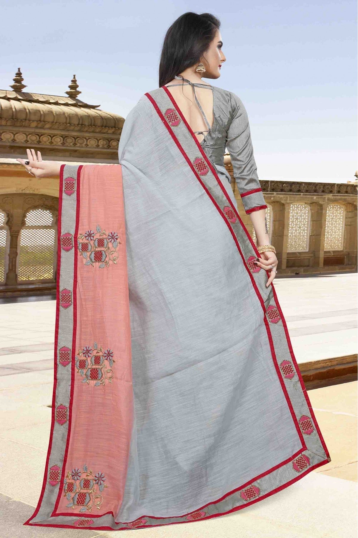 Grey and Peach Colour Cotton Designer Saree VSSD1120549