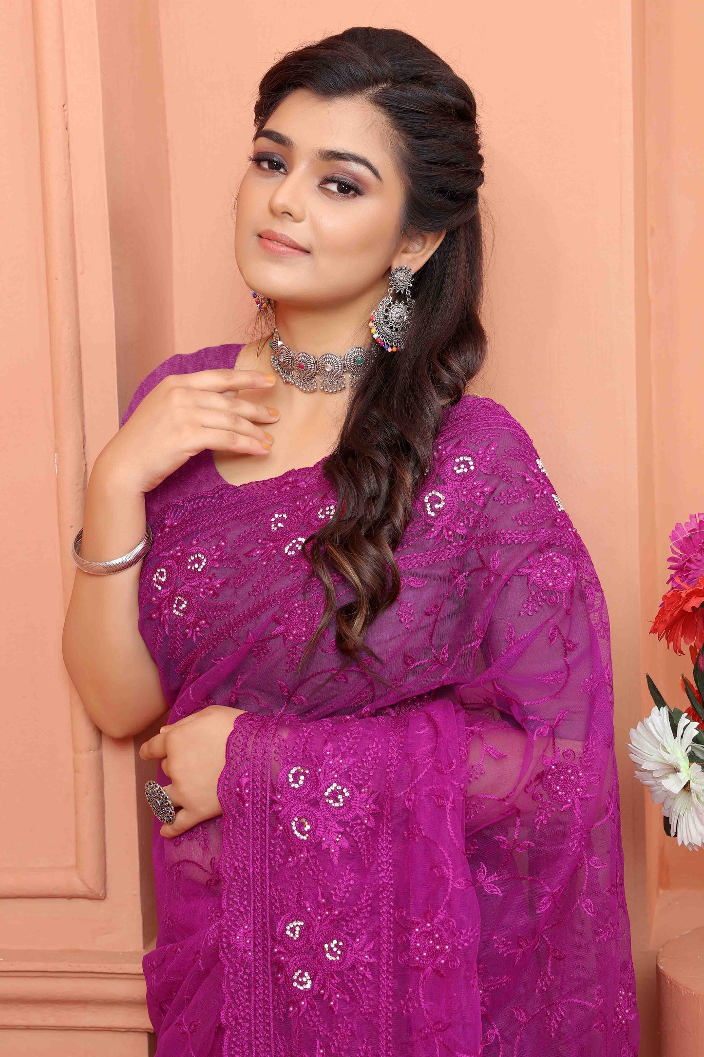 Lavender Colour Net Designer Saree VSSD1090514