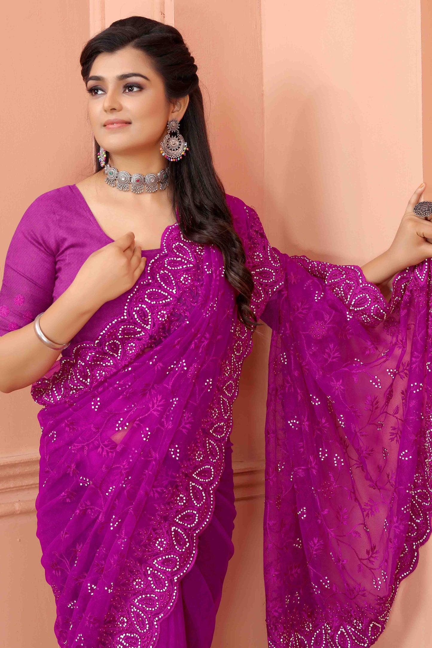Lavender Colour Net Designer Saree VSSD1090519