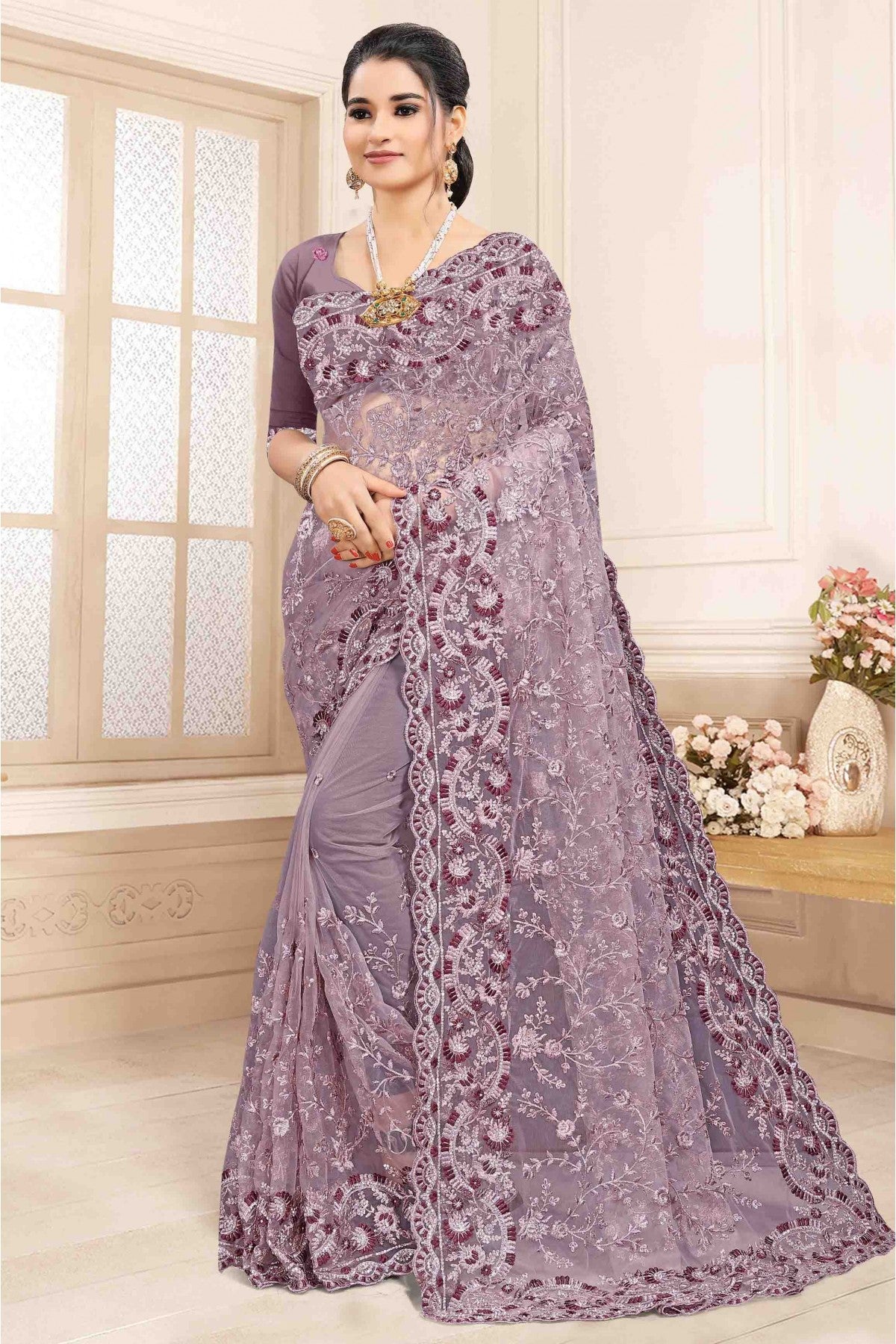 Lavender Colour Net Designer Saree VSSD1120146