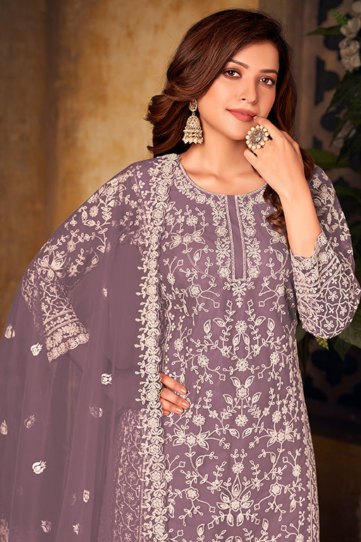 Lavender Colour Net Semi Stitched Palazzo Pant Suit VSSM1050326