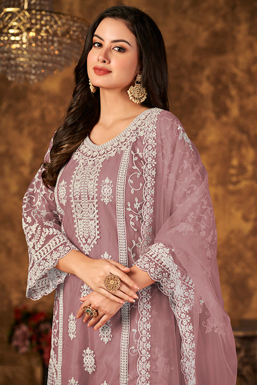 Lavender Colour Net Semi Stitched Palazzo Pant Suit VSSM1050339