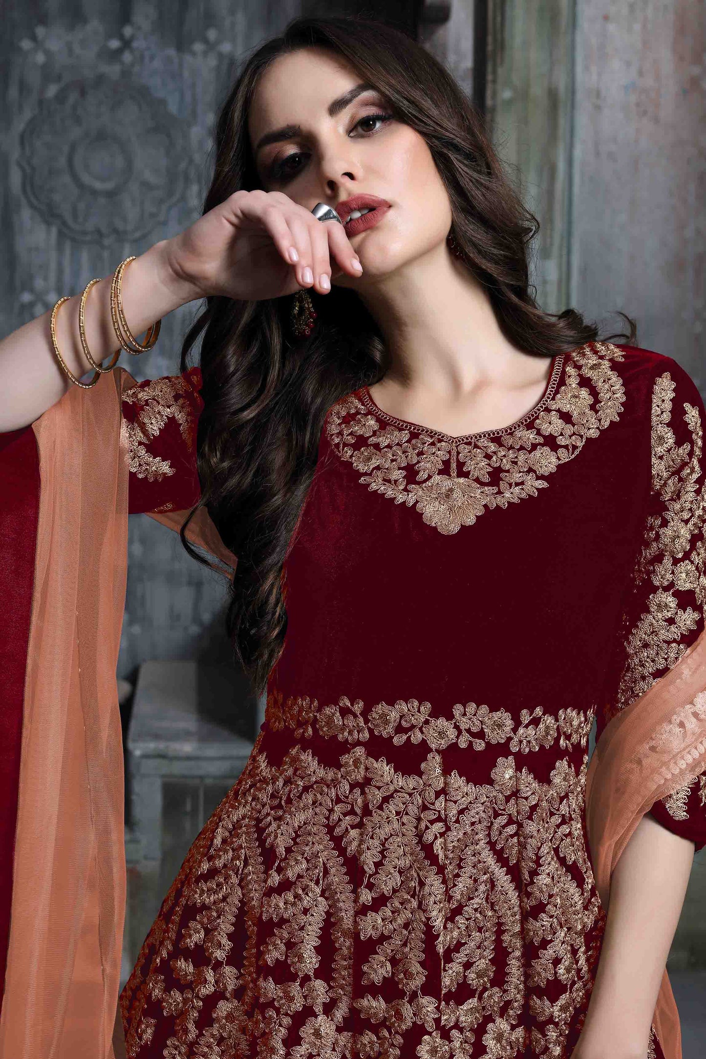 Maroon Colour 9000 Velvet Semi Stitched Anarkali Suit VSSM1050273