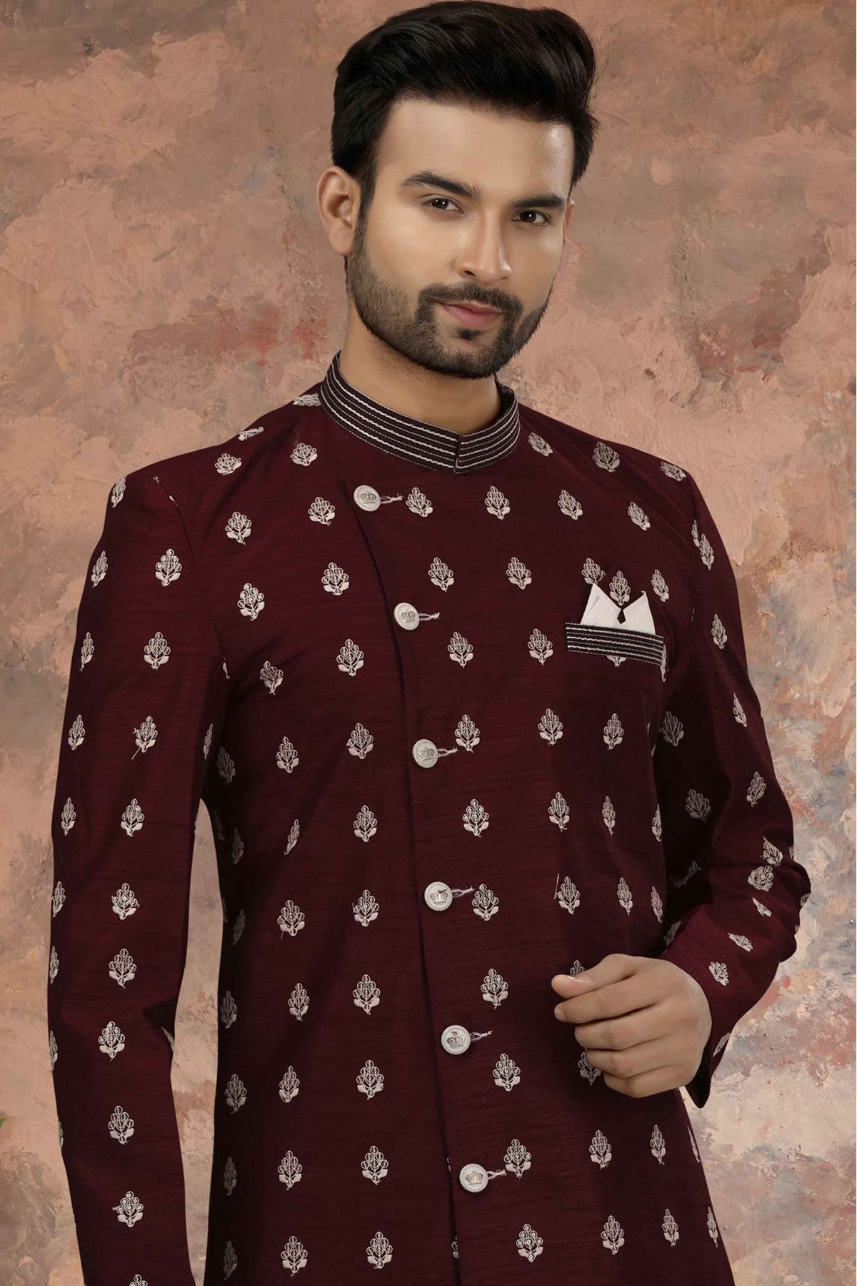 Maroon Colour Art Silk Thread Work Sherwani VSSH1040347