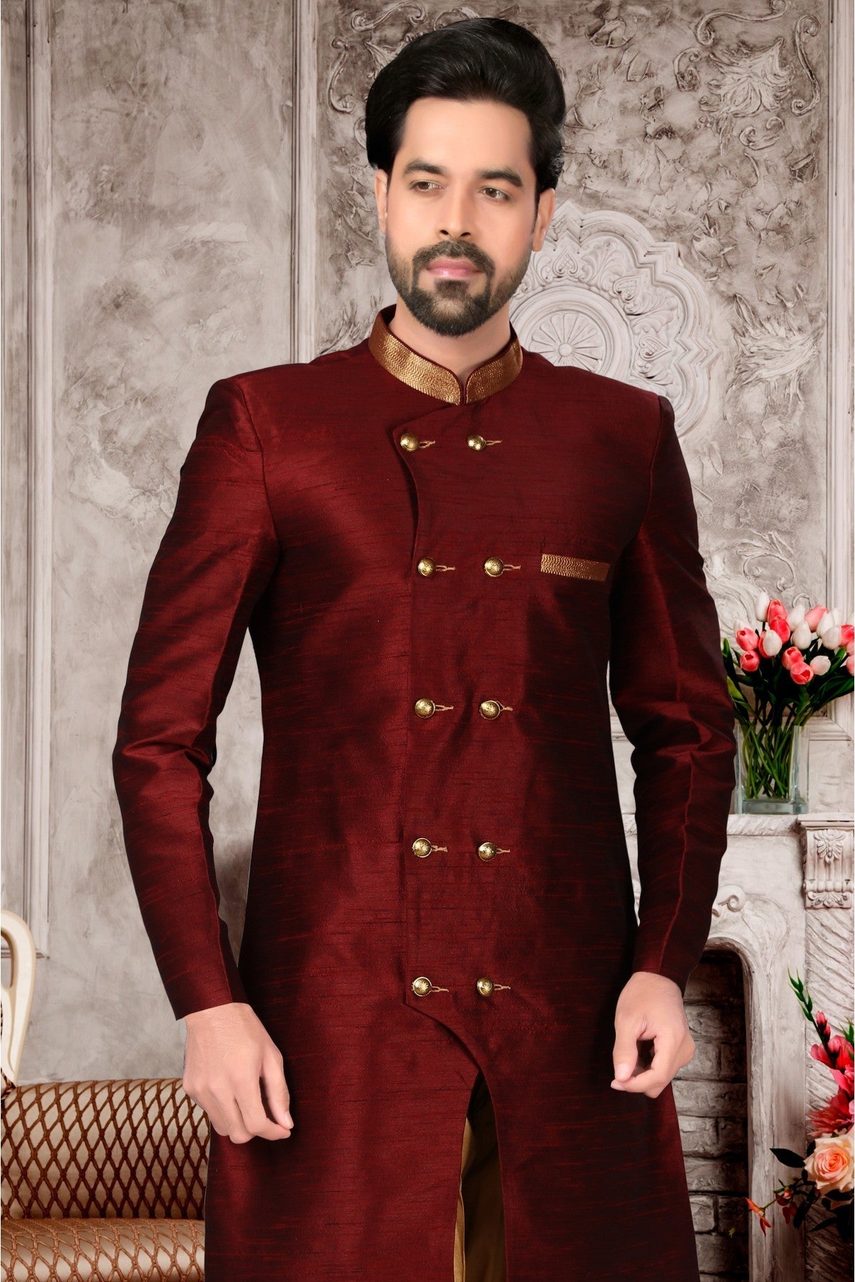 Maroon Colour Brocade Silk Dhoti Sherwani VSSH1040294