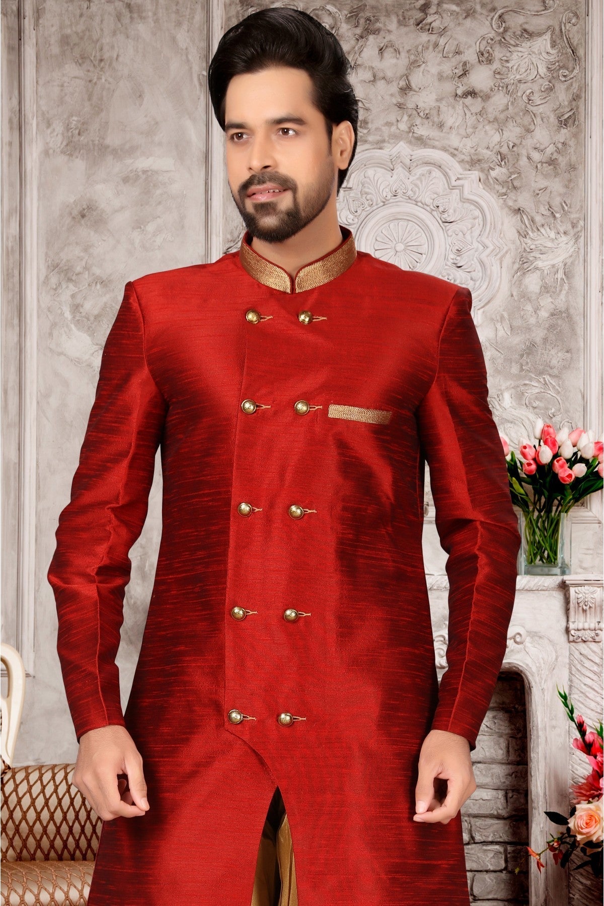Maroon Colour Brocade Silk Dhoti Sherwani VSSH1040298