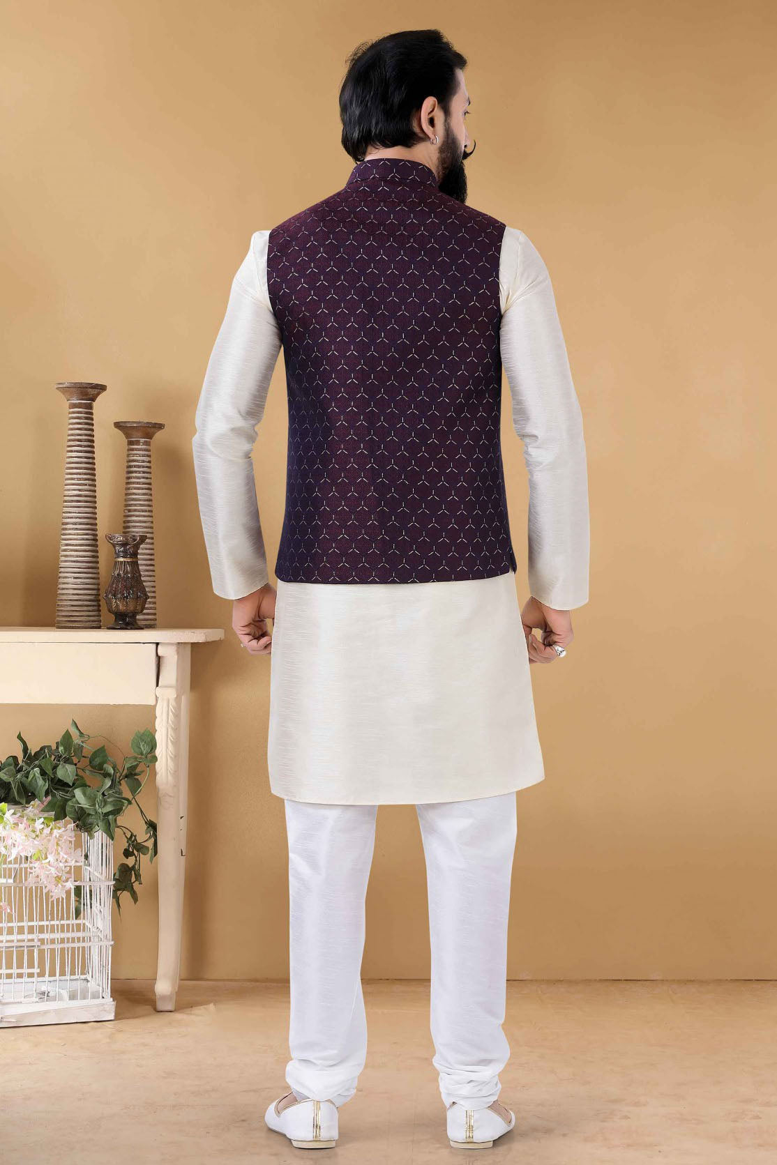 Maroon Colour Jacquard Kurta Pajama With Jacket VSKP1130088