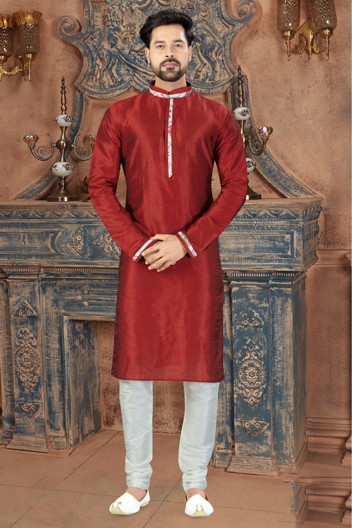 Maroon Colour Kurta Pajama In Art Dhupion Fabric VSKP1040087
