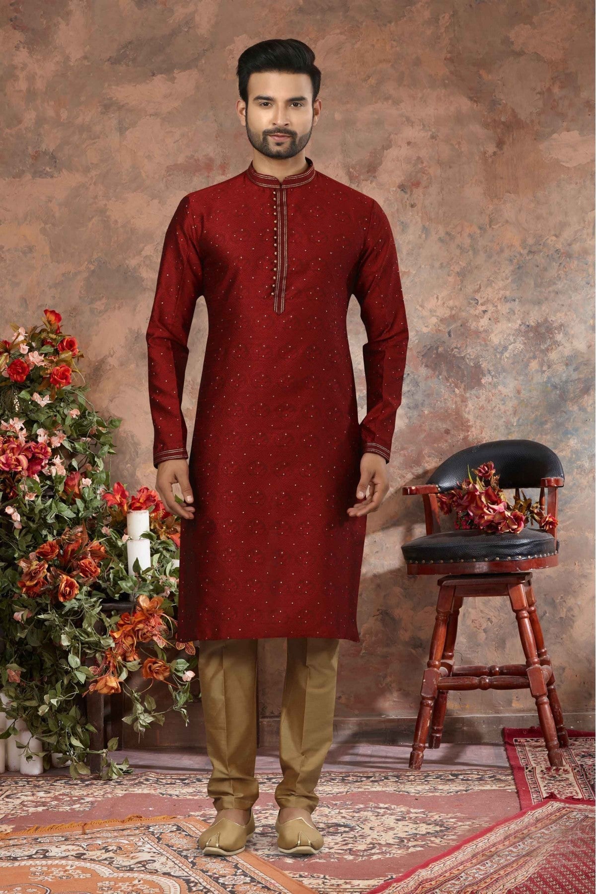 Maroon Colour Kurta Pajama In Jacquard Fabric VSKP1040131