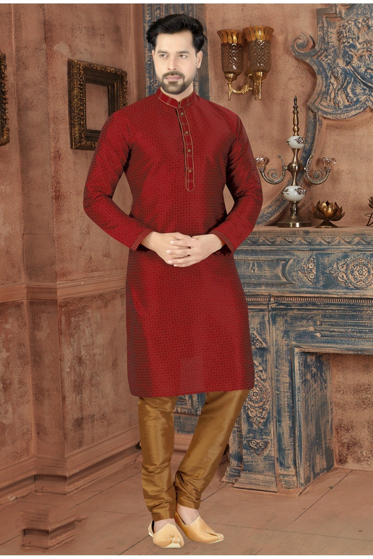 Maroon Colour Kurta Pajama In Silk Fabric VSKP1040088