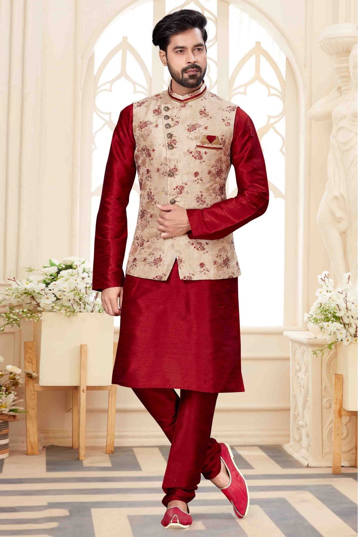 Maroon Colour Kurta Pajama With Jacket In Silk Dupion Fabric VSKP1040170