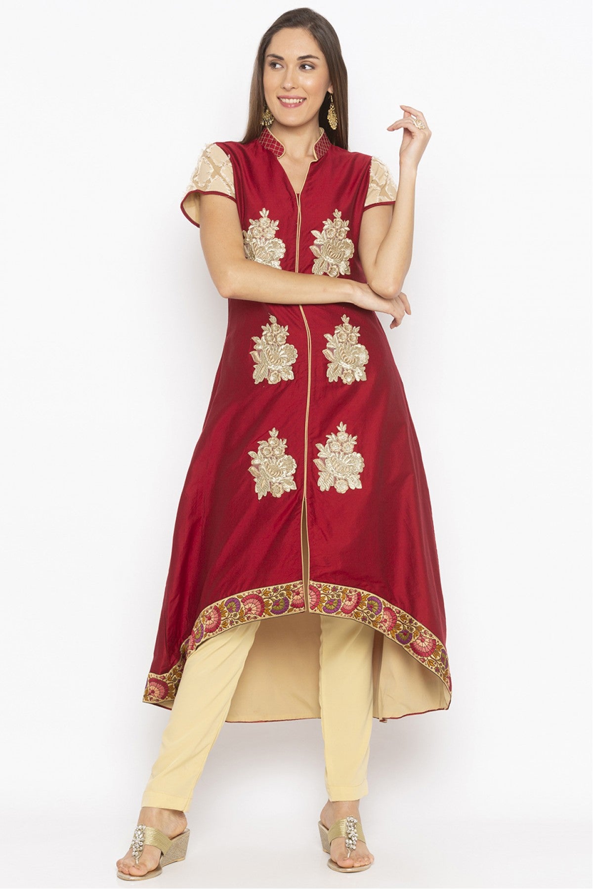Maroon Colour Plus Size Cotton Silk Embroidery Kurta Set