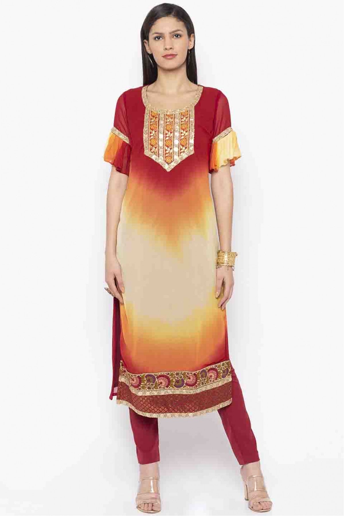 Maroon Colour Plus Size Georgette Embroidery Kurti