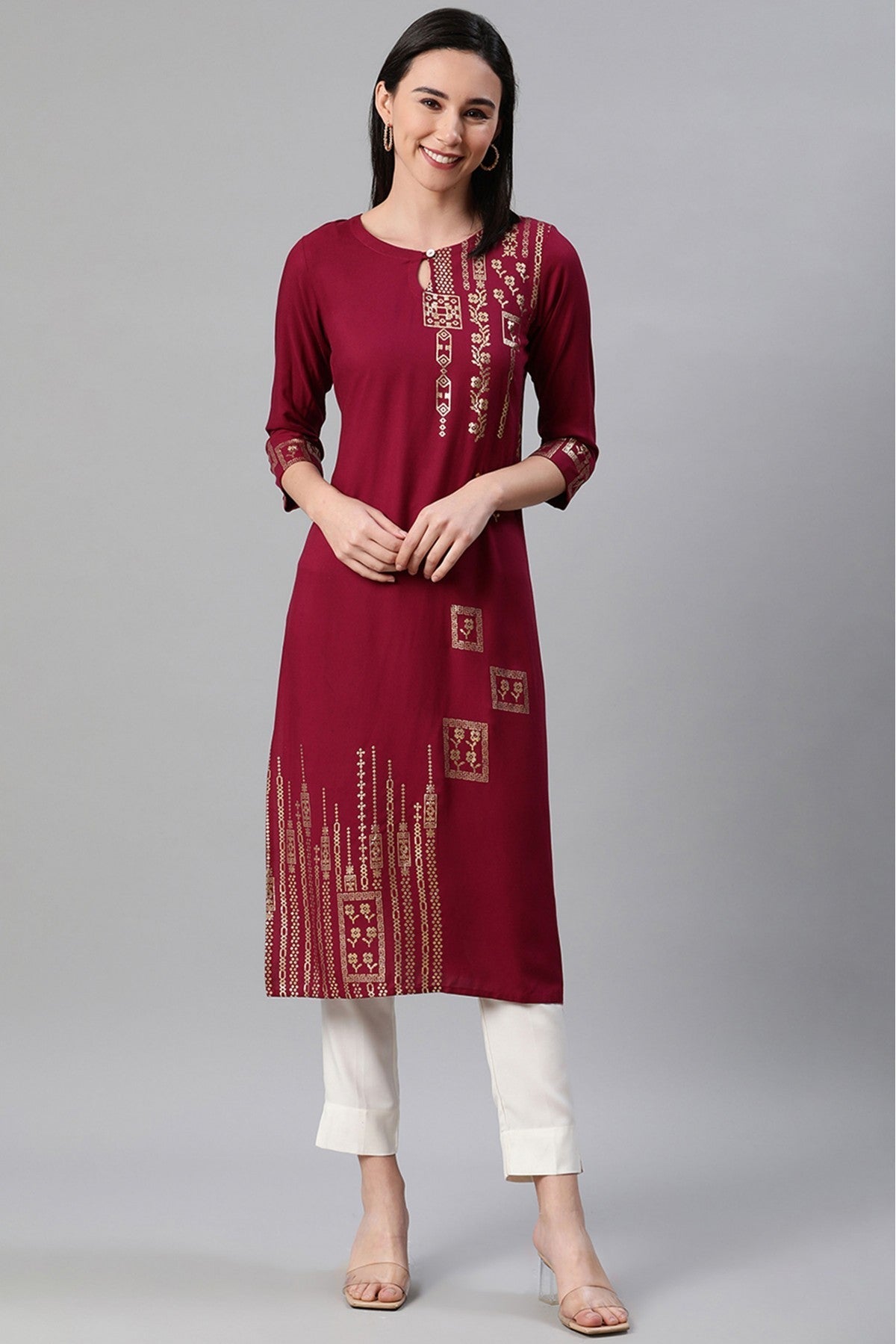 Maroon Colour Plus Size Rayon Foil Print Kurti With Pant Set VSKR1060071