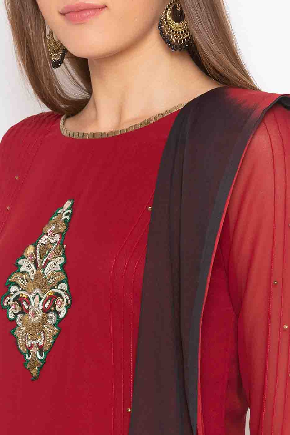 Maroon Colour Plus Size Stitched Georgette Embroidery Palazzo Pant Suit VSSS1070292