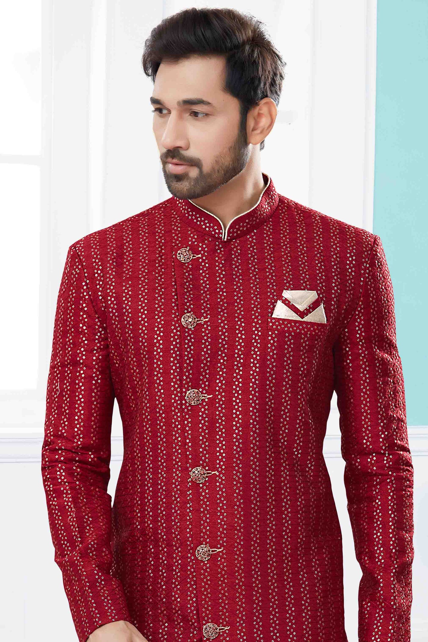 Maroon Colour Sherwani In Jacquard Fabric VSSH1040419